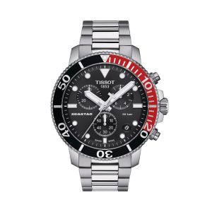 Reloj Tissot Seastar 1000 Chronograph para hombre de acero en negro y rojo.