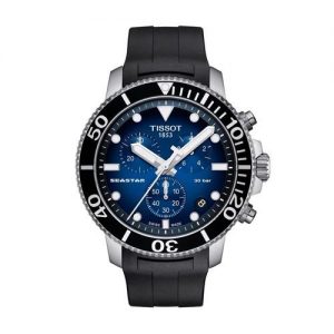 Reloj Tissot Seastar 1000 Chronograph para hombre de caucho negro, esfera azul.