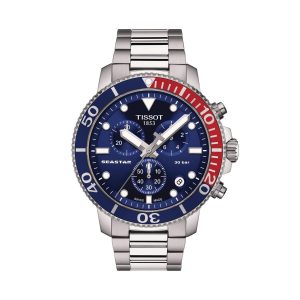 Reloj Tissot Seastar 1000 Quartz Chronograph para hombre de acero, modelo deportivo en rojo y azul.