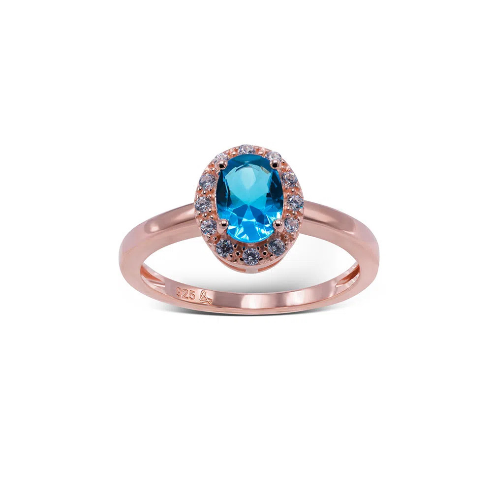 Joyas Carmin, Anillo Carmín Plata 925 Baño Rosé Piedra Celeste con Zirconitas Blancas