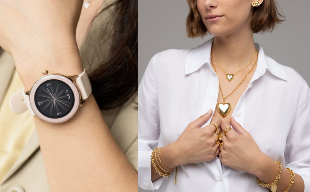 regalos para mujer: smartwatch para mujer en color rose gold y collares con dije en forma de corazón en plata 925 con baño dorado